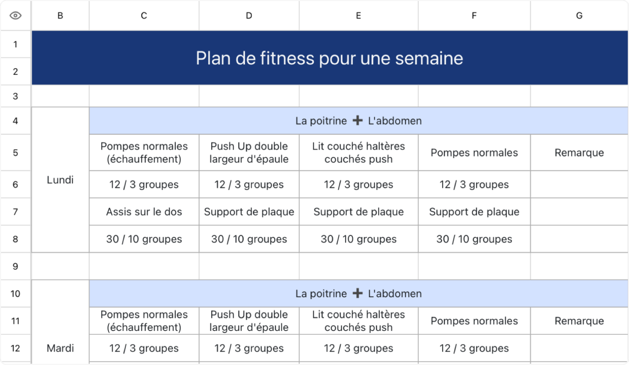 Programme de conditionnement physique d'une semaine Tableau 1